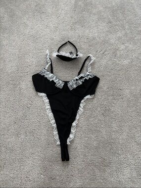 Black Lace-Trim Bodysuit with Matching Headband